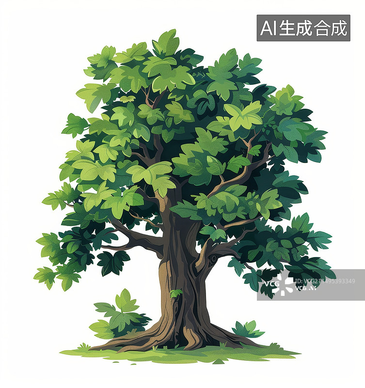 【AI数字艺术】白色背景下一个手绘的绿色大树图片素材