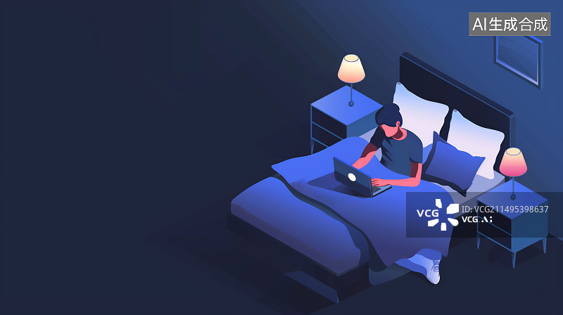 【AI数字艺术】青年男人在床上使用电脑插画图片素材