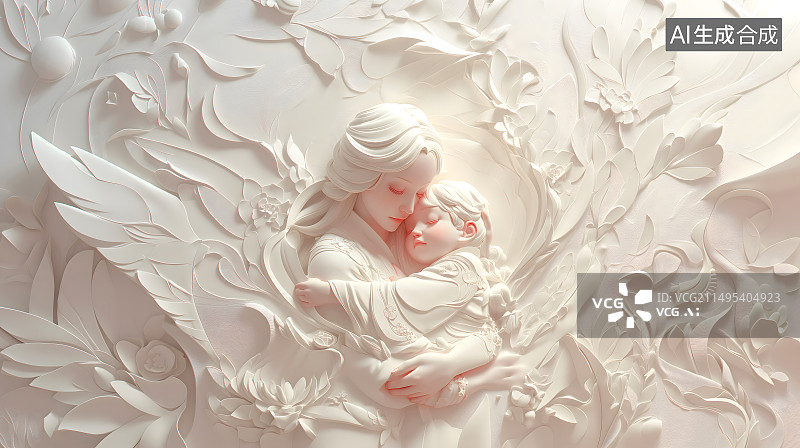 【AI数字艺术】3d浮雕风格母亲怀抱孩子插画图片素材
