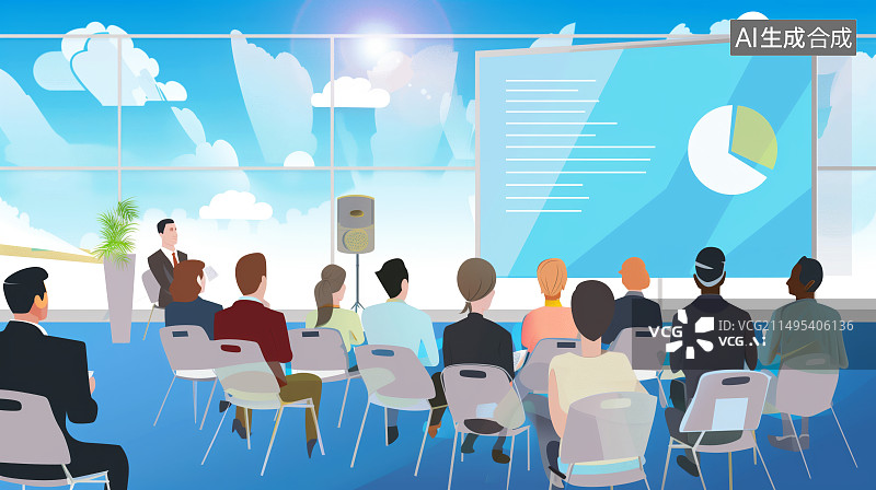 【AI数字艺术】一群商业人士在研讨会上开会。听众在员工教育培训课上听讲师讲课。插画图片素材