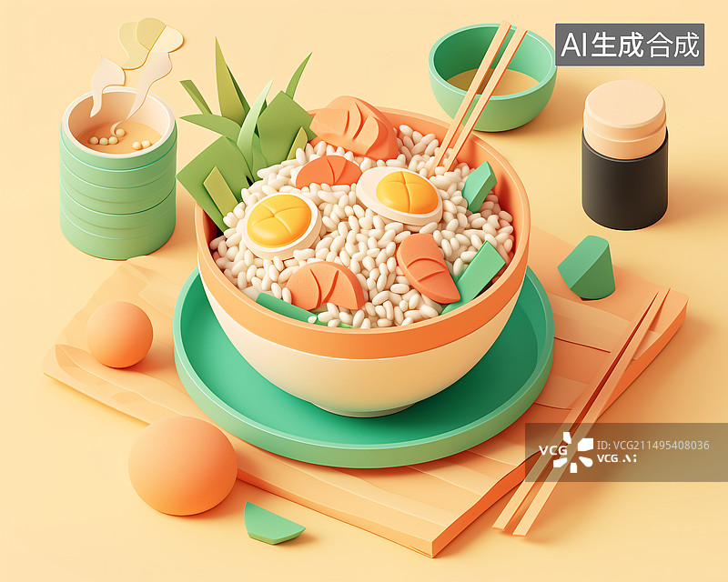 【AI数字艺术】一碗米饭卤蛋香肠鸡蛋筷子盘子3D插画图片素材