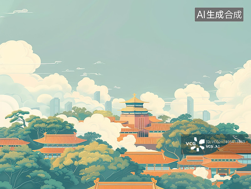 【AI数字艺术】国风工笔历史建筑与城市插画图片素材