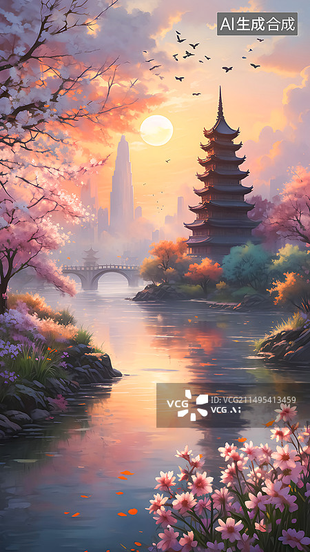 【AI数字艺术】宝塔建筑风景插画图片素材