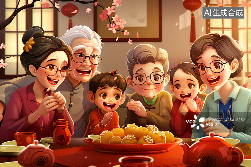 【AI数字艺术】中国传统节日中秋节年夜饭家人团聚插画图片素材