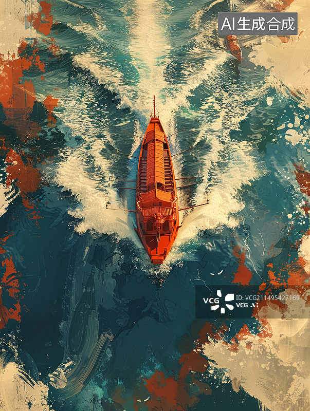 【AI数字艺术】红色中国古典船只穿越水道图片素材