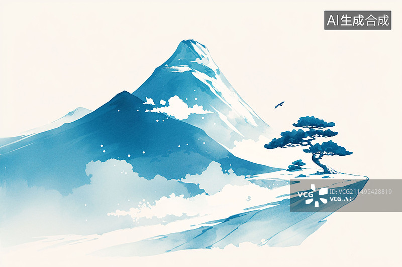 【AI数字艺术】江南山水自然风光中国风水墨风概念插图中国水墨山水画松树山峰参天松树诗意水墨画图片素材