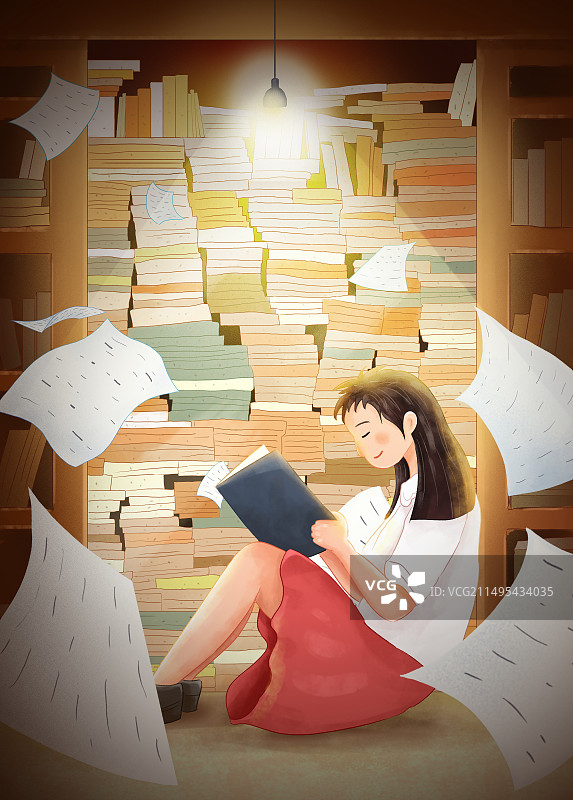 高考冲刺金榜题名考生加油插画 坐在图书馆书架前复习功课的女学生 备战高考挑灯夜读 散落的考卷 竖版图片素材