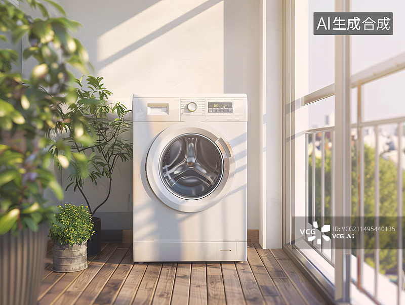 【AI数字艺术】春天木质地板上放着洗衣机的阳台图片素材