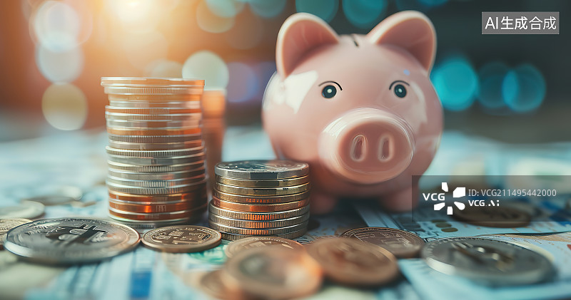 【AI数字艺术】桌上有硬币的小猪存钱罐的特写镜头图片素材