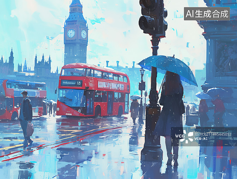 【AI数字艺术】下雨的钟楼街道插画图片素材