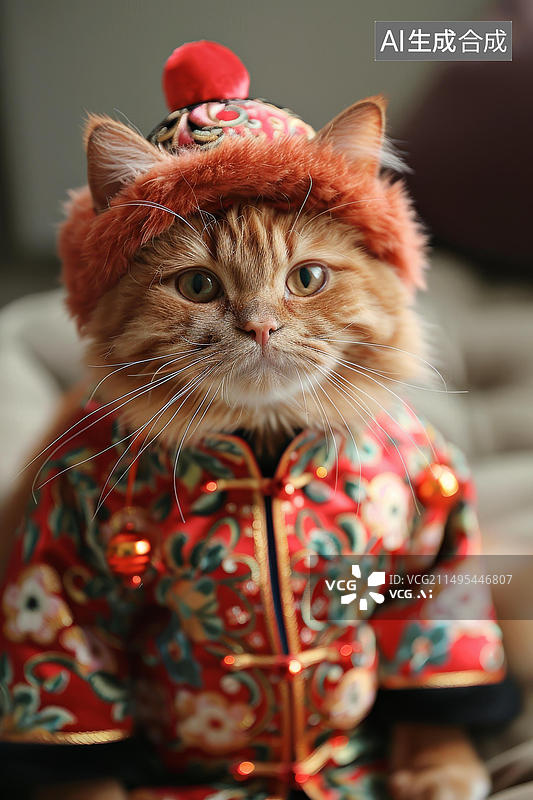 【AI数字艺术】一只穿着红色和金色中国传统服饰的姜黄色猫图片素材