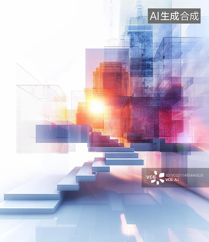 【AI数字艺术】通往几何结构中发光门户的楼梯的抽象渲染图片素材
