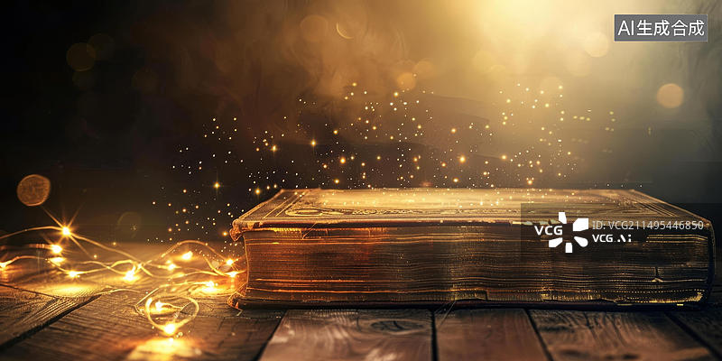 【AI数字艺术】一本在魔法灯光下打开的书图片素材