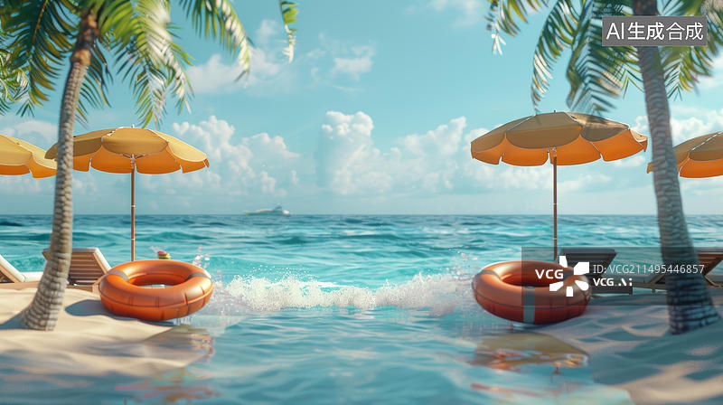 【AI数字艺术】在海滩上两把橙色遮阳伞和救生圈后面是大海图片素材