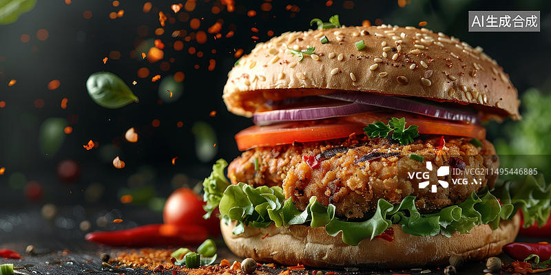 【AI数字艺术】美味健康令人垂涎欲滴的蔬菜汉堡图片素材
