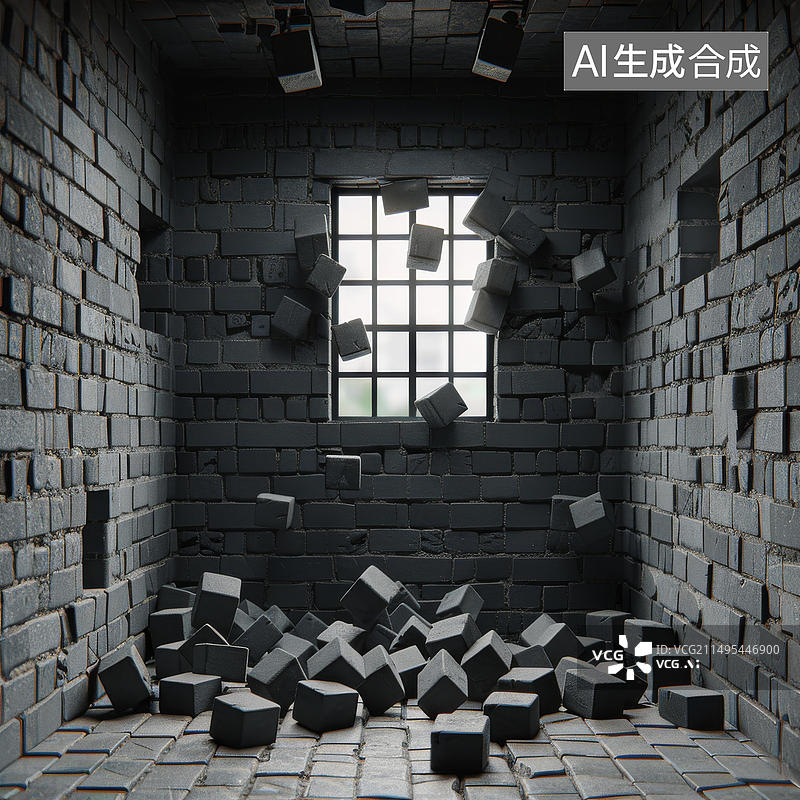 【AI数字艺术】黑暗而神秘的房间窗户破了图片素材