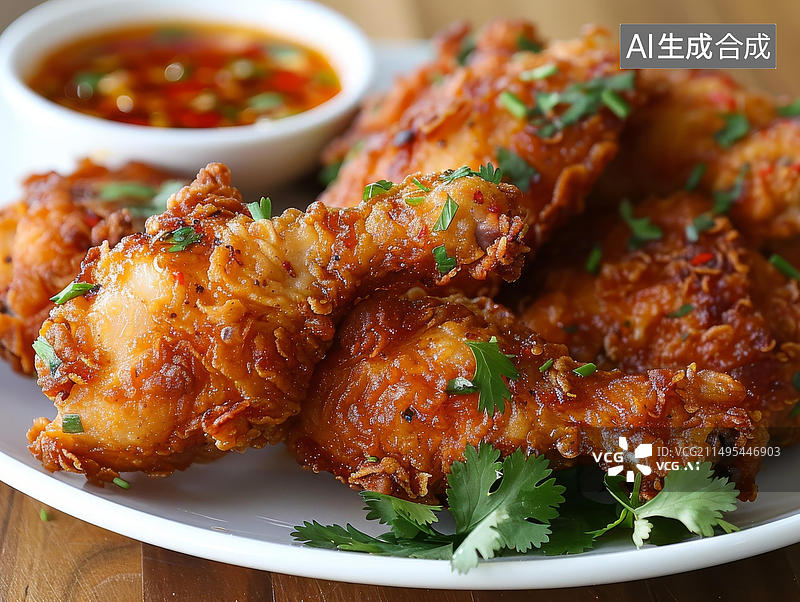 【AI数字艺术】香脆炸鸡配香辣蘸酱图片素材