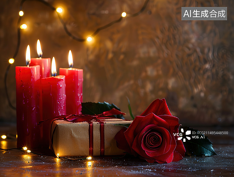 【AI数字艺术】桌上烛光和玫瑰的特写镜头图片素材