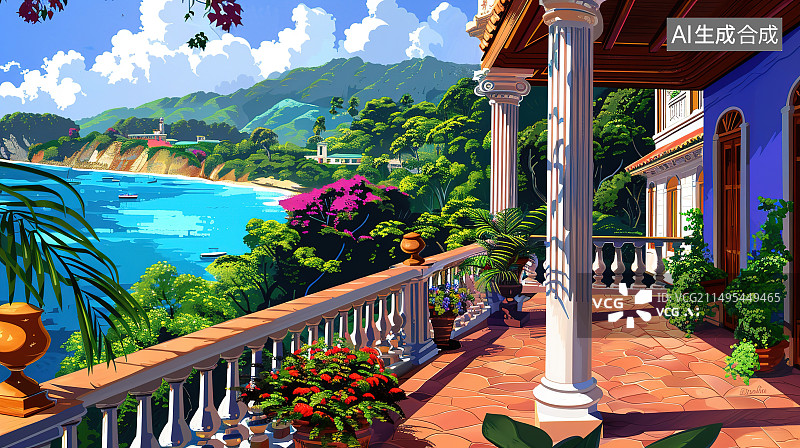 【AI数字艺术】海边度假小屋户外风光图片素材