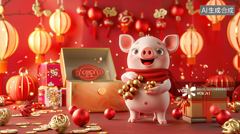 【AI数字艺术】新年喜庆礼盒和小猪图片素材
