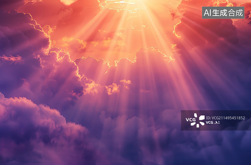 【AI数字艺术】日落时阳光穿过云层的低角度视图图片素材