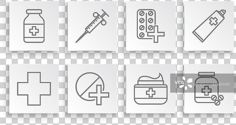 医院、医疗、注射器、药品等医疗用品组合图片素材