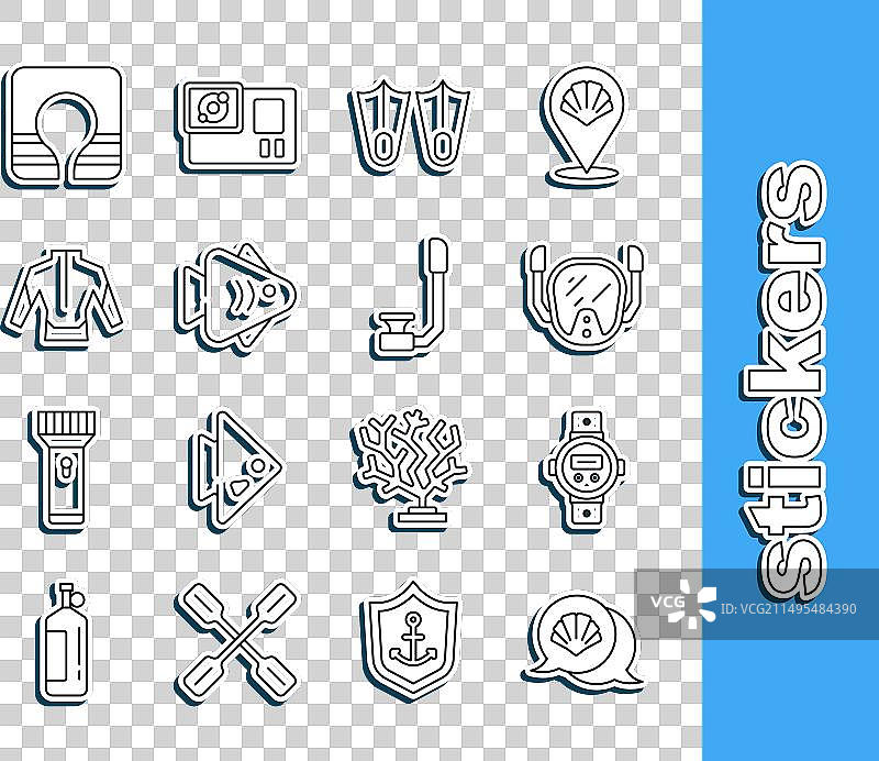 线条图案：扇贝、海贝、潜水手表、潜水面罩图片素材