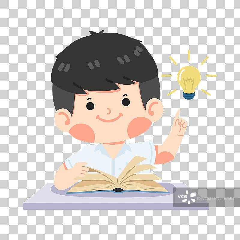 儿童学生阅读书籍，头顶有灯泡图片素材