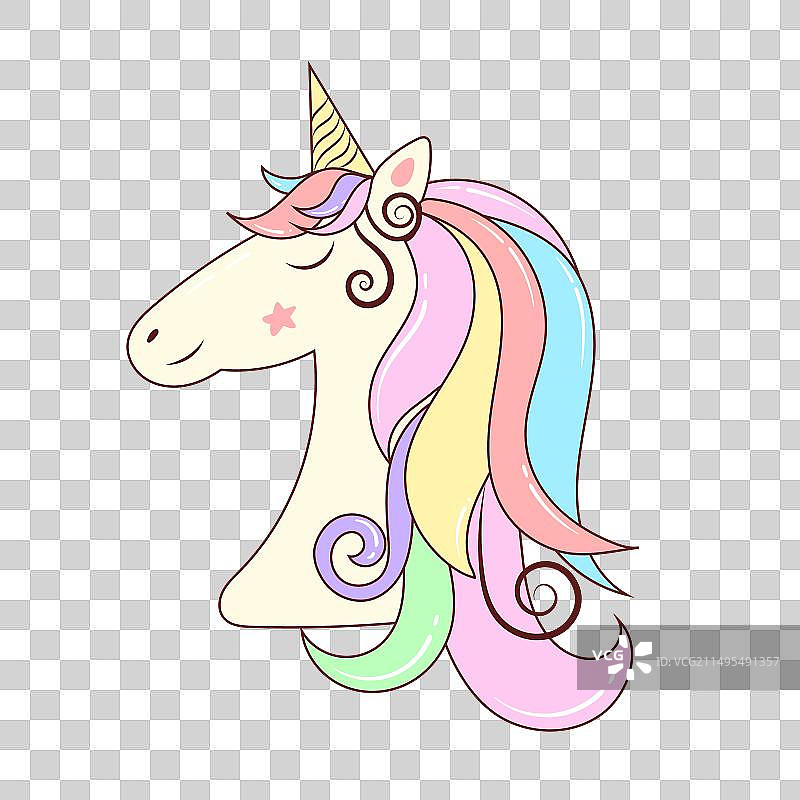 带彩色鬃毛或冠的美丽独角兽头图片素材