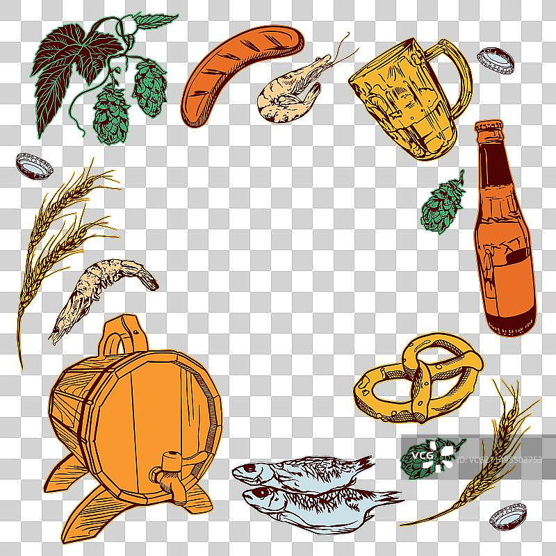 啤酒桶、瓶子、马克杯、椒盐卷饼和啤酒花图片素材