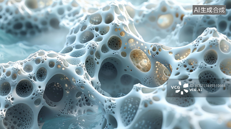 【AI数字艺术】人体骨组织骨细胞微观特写，骨质疏松症概念图片素材
