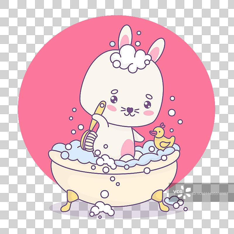 可爱的兔子在泡泡浴里用刷子洗背图片素材
