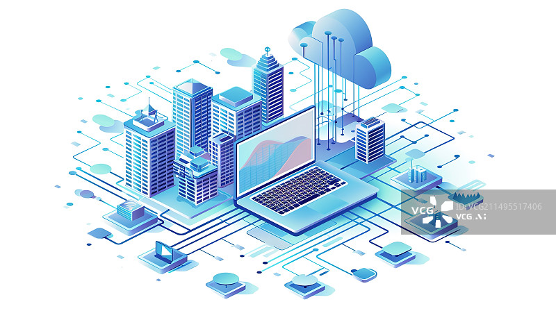 【AI数字艺术】2.5D办公楼背景下的笔记本电脑和云——互联网科技云计算产业及新质生产力概念图片素材