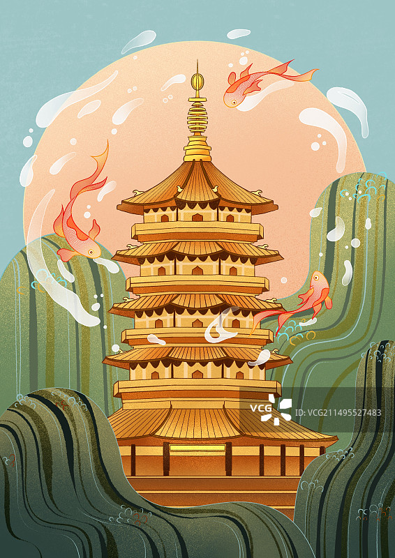 杭州瘦西湖雷峰塔古代建筑插画图片素材