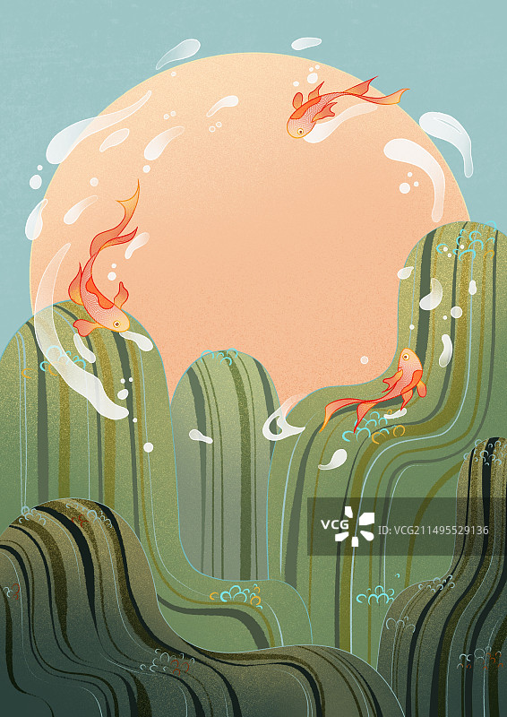 美丽的自然风光游水锦鲤鱼创意插画图片素材