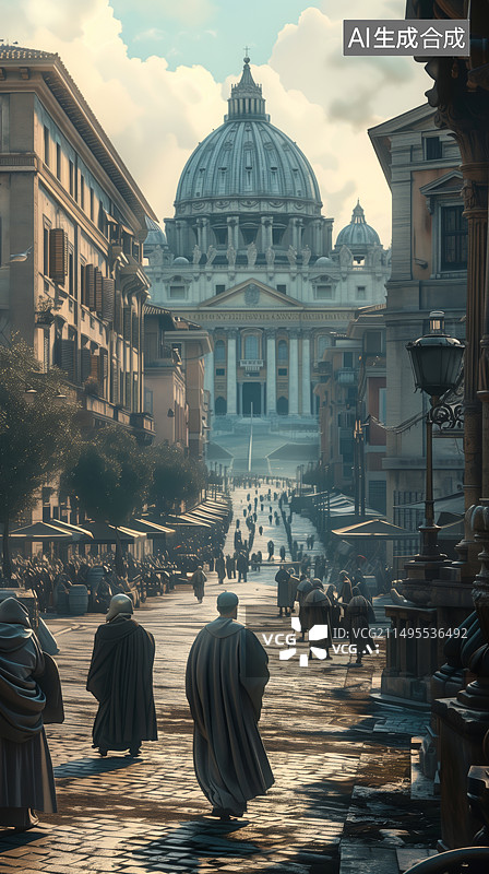 【AI数字艺术】9 世纪末的罗马，市中心蜿蜒曲折的石板街道图片素材
