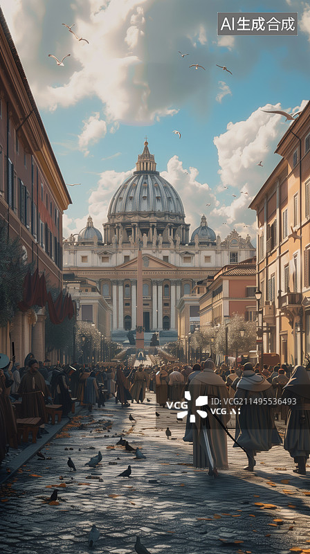 【AI数字艺术】9 世纪末的罗马，市中心蜿蜒曲折的石板街道图片素材