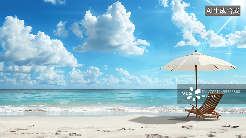 【AI数字艺术】蓝天白云下的沙滩上有一把遮阳伞，伞下有一张原木微风躺椅，热带风情营造出阳光沙滩和海边的氛围图片素材