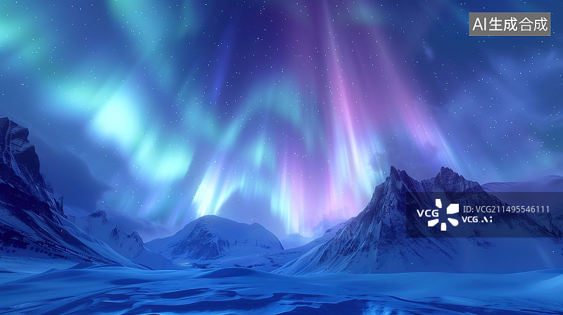 【AI数字艺术】夜幕下白雪皑皑的极光景色图片素材