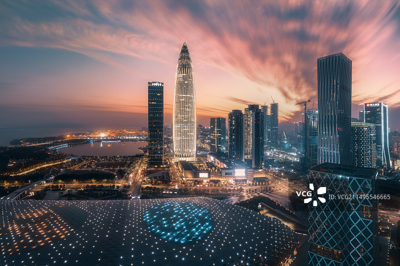 深圳后海商业中心日落晚霞夜景航拍图片素材