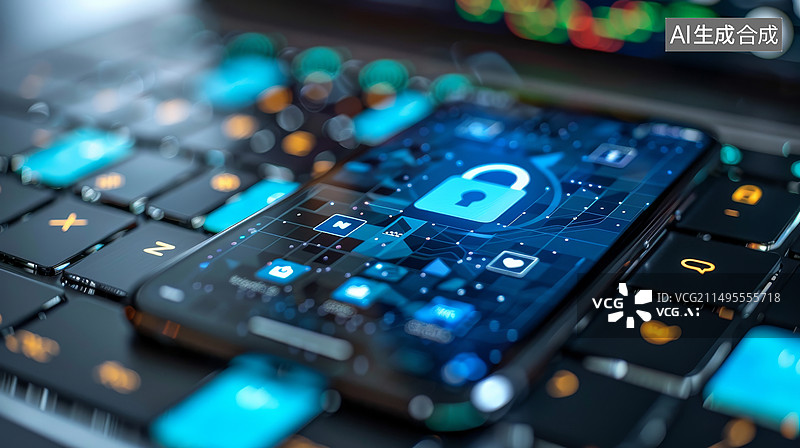 【AI数字艺术】手机在键盘上屏幕显示锁屏锁头符号安全概念图片素材