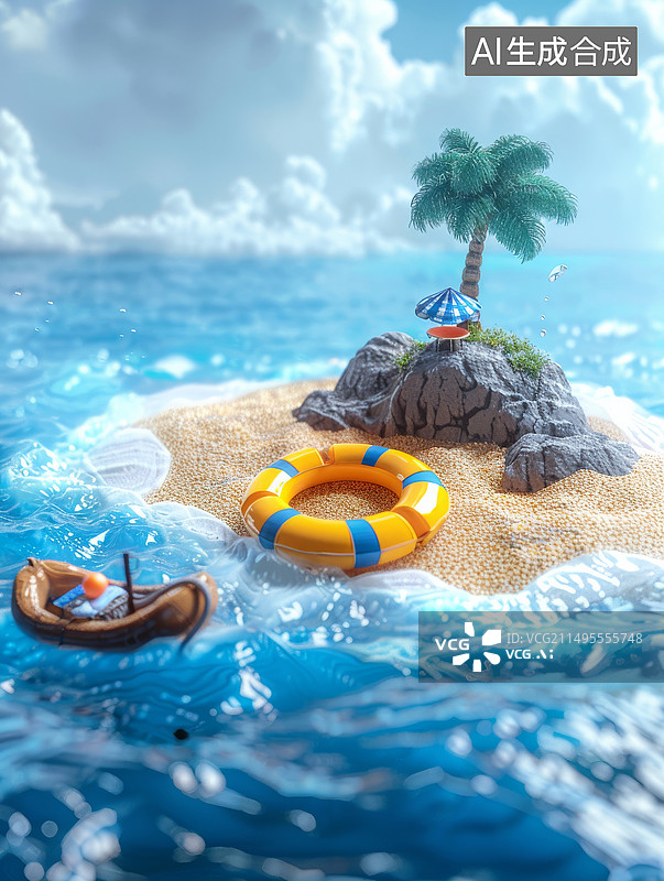 【AI数字艺术】海洋中间小岛上的救生圈和小船3D风格图片素材