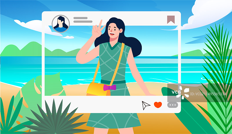 大海海边自拍朋友圈点赞插画图片素材