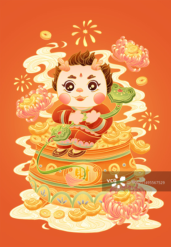 国潮插画财运兴龙新年快乐图片素材