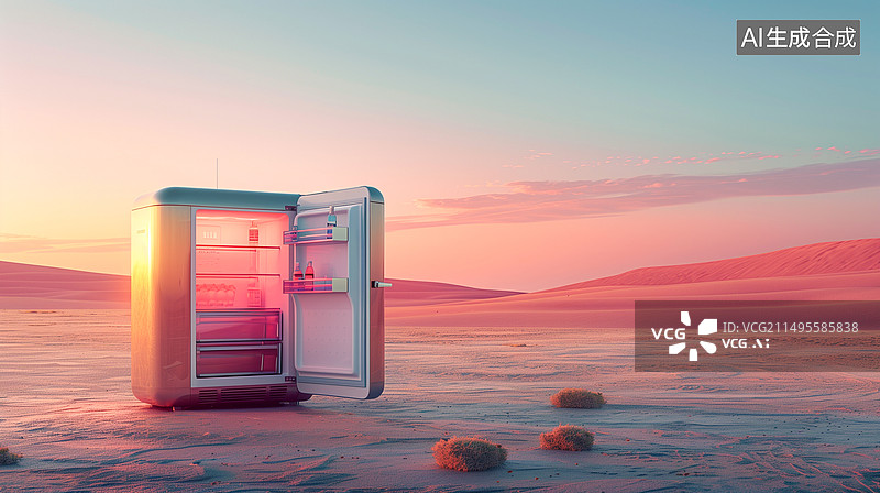 【AI数字艺术】广阔的沙漠中的冰箱和饮料图片素材