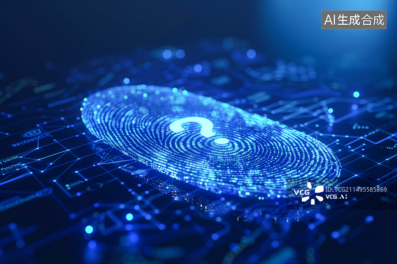 【AI数字艺术】蓝色背景下的指纹与网络连接插头特写图片素材