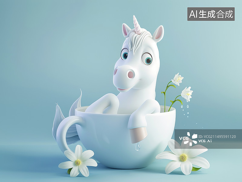 【AI数字艺术】白色独角兽在浴缸洗澡3D图片素材