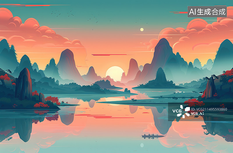 【AI数字艺术】美丽的日落在热带海洋与长尾船在南部的背景下图片素材