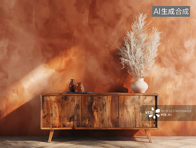 【AI数字艺术】靠墙桌上的花瓶特写镜头图片素材