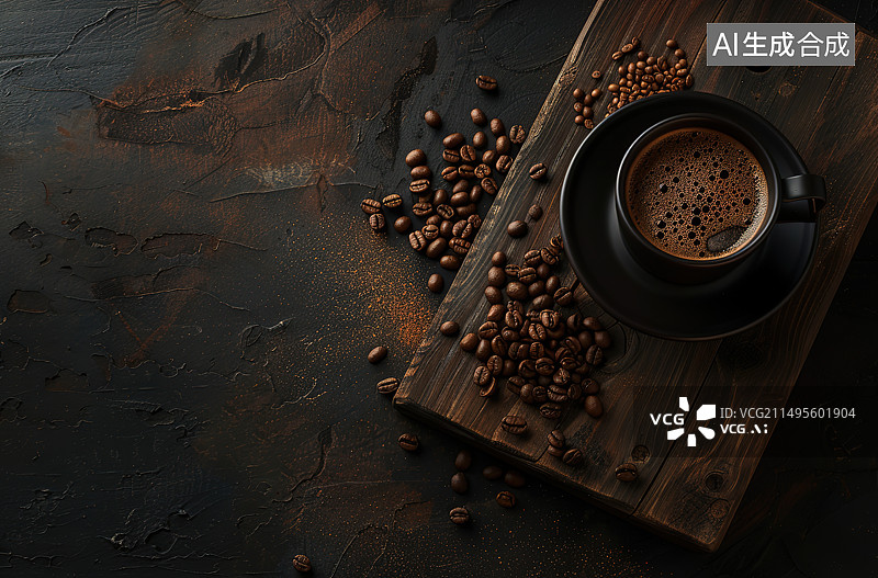 【AI数字艺术】咖啡和咖啡豆在桌上的高角度视图图片素材